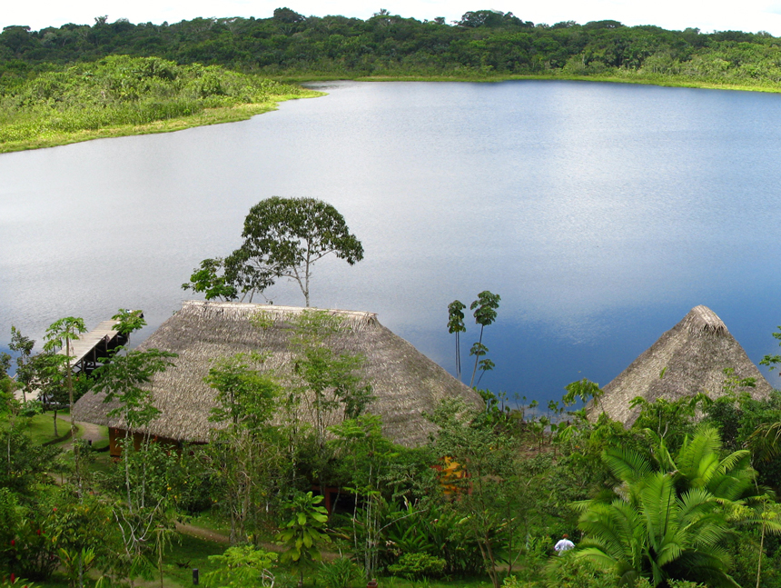 Jungle lodge along water at the Napo Wildlife Center.