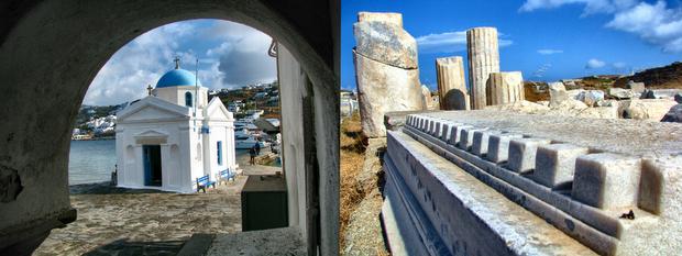 Ruins and blue domed cathedrals seen on a small ship cruise tour in Mykonos Greece .