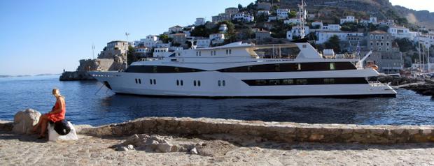 Small ship cruise in port in Greece.