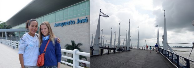 Galapagos traveler with city guide at the airport and El Malecon on the river of Guayaquil.