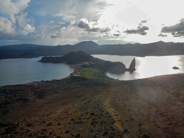 Hour glass shaped peninsula in Sullivan Bay and Pinnacle Rock jutting out.