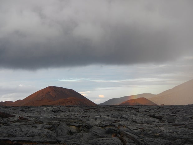 Black volcanic rock and lava flow on a Galapagos island.