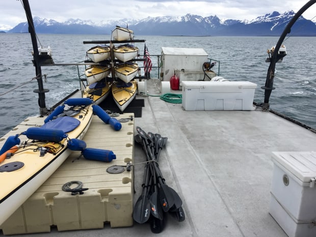 Kayaks and paddles stored aboard the small ship Sea Wolf in ALaska.