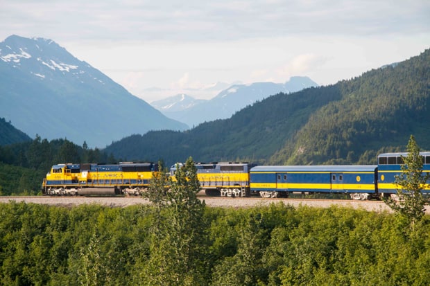 Alaska Railroad train stopped on the tracks. 