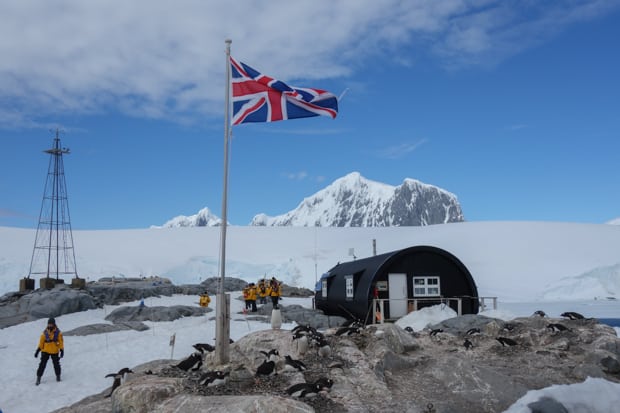 Port Lockroy as seen from a land excursion in Antarctica off a small ship.
