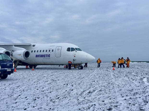Guests disembarking plane that landed on Antarctica.