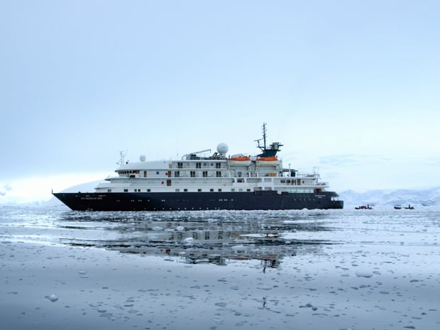 Small expedition ship hebridean Sky in Antarctica.