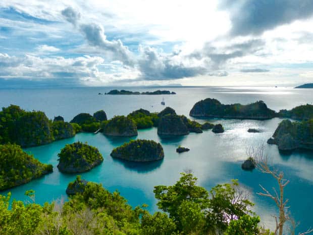 View from a hike in Raja Ampat with a small ship in the distance.