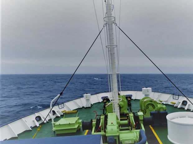 Bow of a small expedition ship crossing the Drake Passage en route to Antarctica.