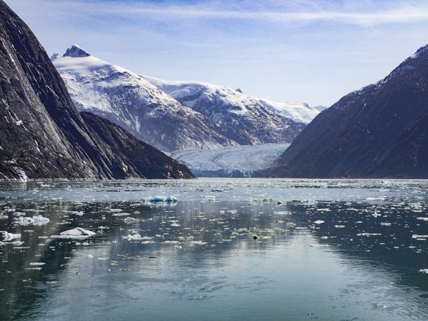 he face of the dawes glacier seen from a small ship cruise in Alaska.