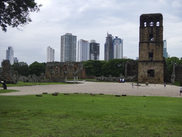 Ruins in old town Panama with the modern city skyline behind.