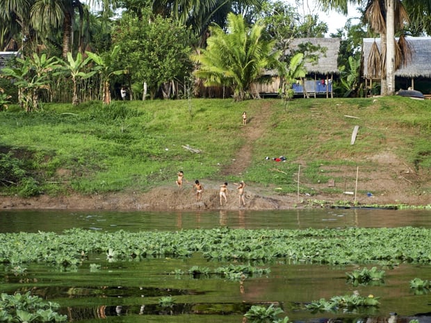 A group of children from a village playing on the river shores.