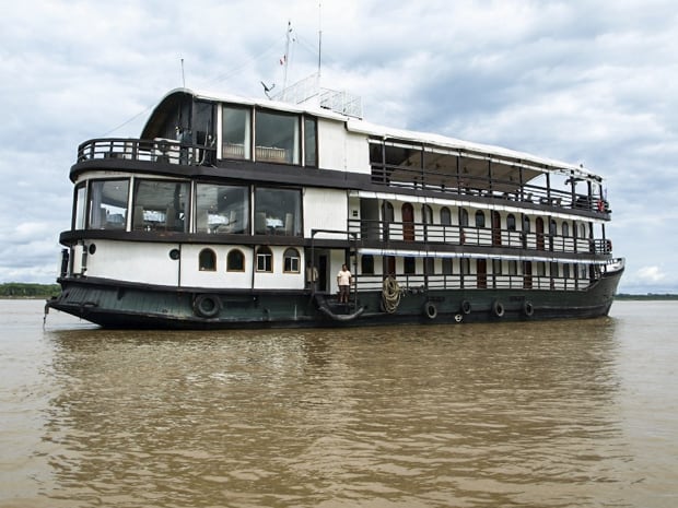 The Amatista river boat anchored in the Peruvian Amazon river.