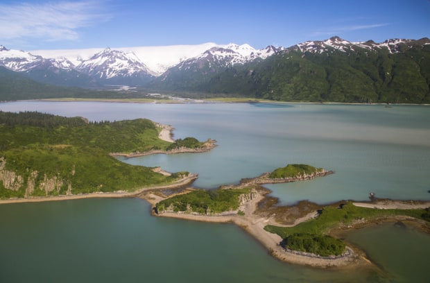 View from flight of the shoreline and mountains while flying into Katmai.