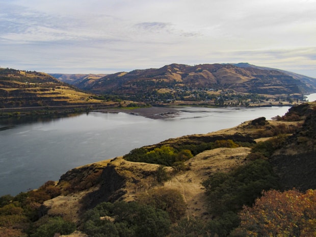 View of a river from a hiking excursion in Rowena Plateau off a pacific northwest river cruise.