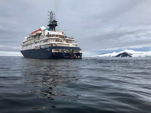 exterior shot of the hebridean sky polar expedition ship floating in the polar waters on antarctica
