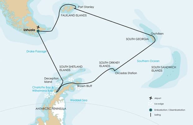 South Georgia Falklands map showing the cruise route from Ushuaia, Argentina to the Falkland Islands, South Georgia, South Orkney Islands, and then around the north Peninsula of Antarctica.