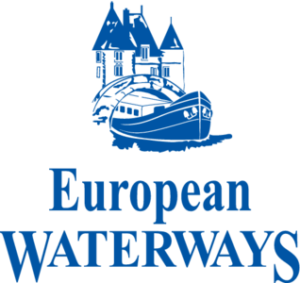 European Waterways logo showing a barge cruise ship with a castle behind in in the color blue