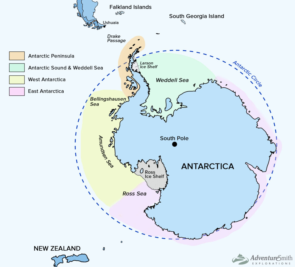 Antarctica map depicting different regions: Antarctic Peninsula, Antarctic Sound, Weddell Sea, West Antarctica, South Georgia, Falkland Islands, East Antarctica, New Zealand.