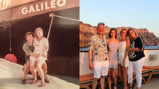 Couple in front of the small sail ship the Galileo and a family on the deck of the Galileo.