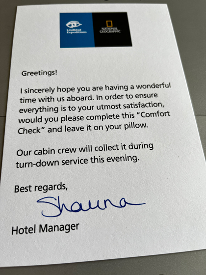 Comment card with Lindblad Expeditions & National Geographic logos asks guests to fill out & leave for hotel staff on Nat Geo Venture.