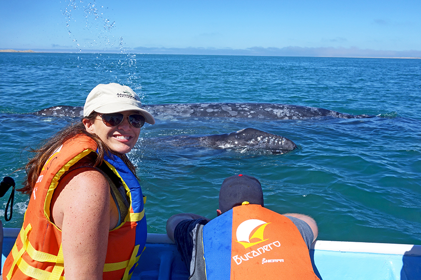 A woman in a tan AdventureSmith hat and orange life jacket smiles with Baja gray whales close in the water behind her