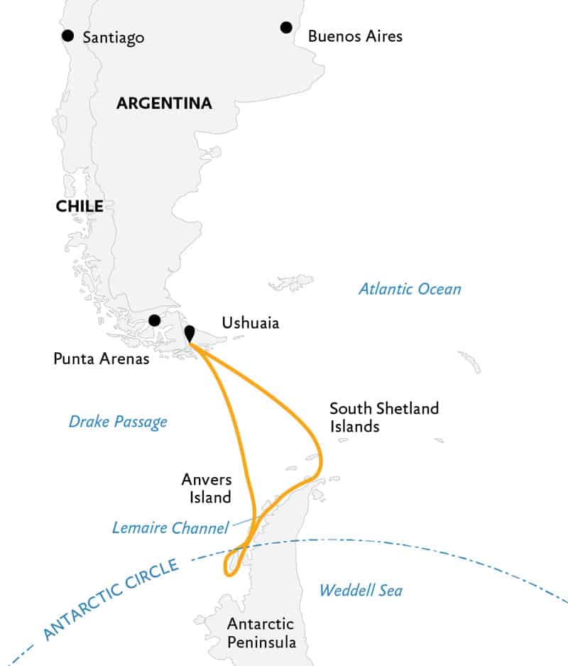 Route map of Crossing the Antarctic Circle Antarctica small ship cruise, operating round-trip from Ushuaia, Argentina.