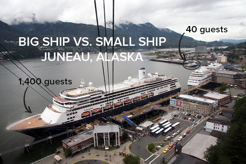 A comparison photo with overlay text showing a 1,400-guest big ship vs. a 40-guest small ship in Juneau Alaska