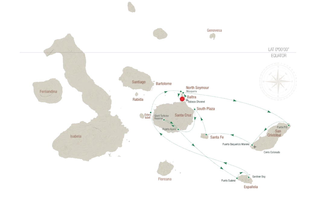Example route map of an eastern Galapagos Islands itinerary showing the path of a ship sailing the islands of San Cristobal, Santa Fe, Espanola and Santa Cruz