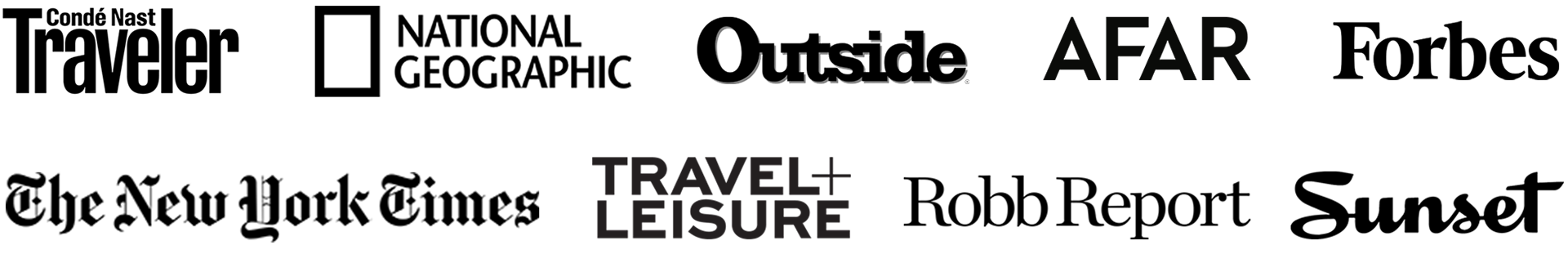 popular magazine publication logos in black. Conde Nast, Nat Geo, Outside, AFAR and more.