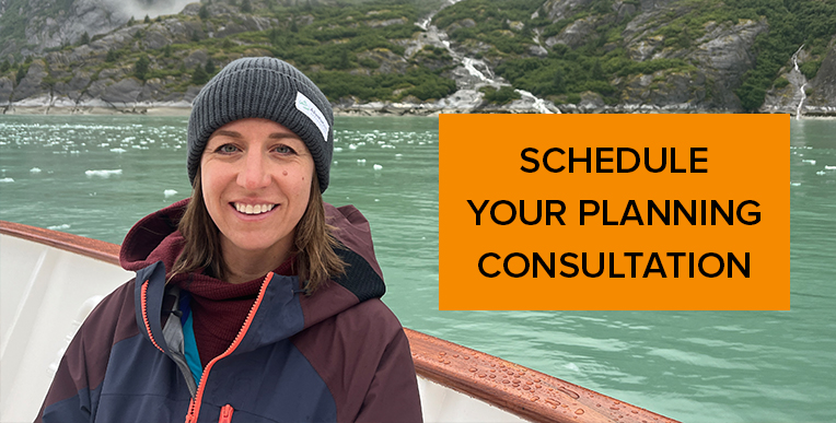 AdventureSmith Alaska expert aboard a small ship in Endicott Arm Alaska. Text reads: Schedule Your Planning Consultation