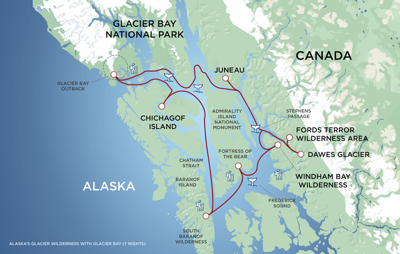 A red line on a green and blue map of the coastline of Alaska showing the route map of the Alaska Glacier Wilderness, roundtrip from Juneau