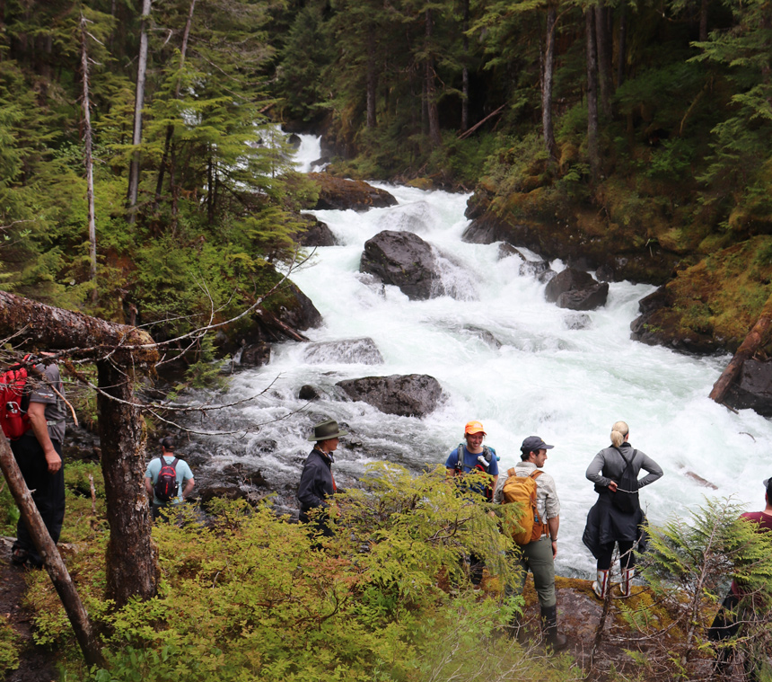 In a dense green forest guests end their all-day hike activity at a waterfall with rushing white water.