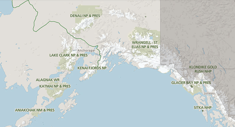 A map showing all of the Alaska national parks and preserves