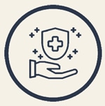 Logo of a blue circle around a shield with a cross and supporting hand graphic indicating Galapagos are a safe destination for travel. 