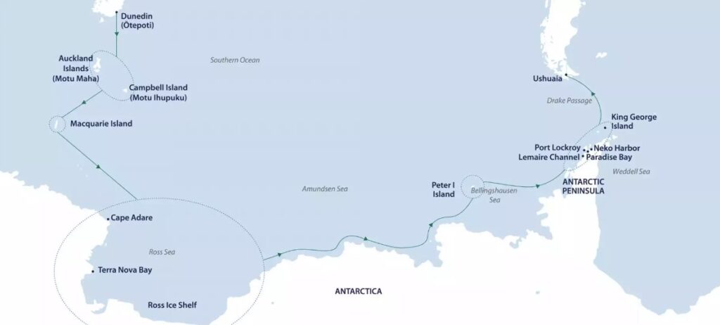A map showing a new for 2025 Antarctica cruise rom Dunedin to Ushuaia with stops in the Ross Sea and Bellingshausen Sea