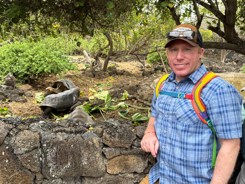 Man in checkered blue shirt, hat & sunglasses stands beside rock wall with Galapagos tortoises roaming in the wild, behind.