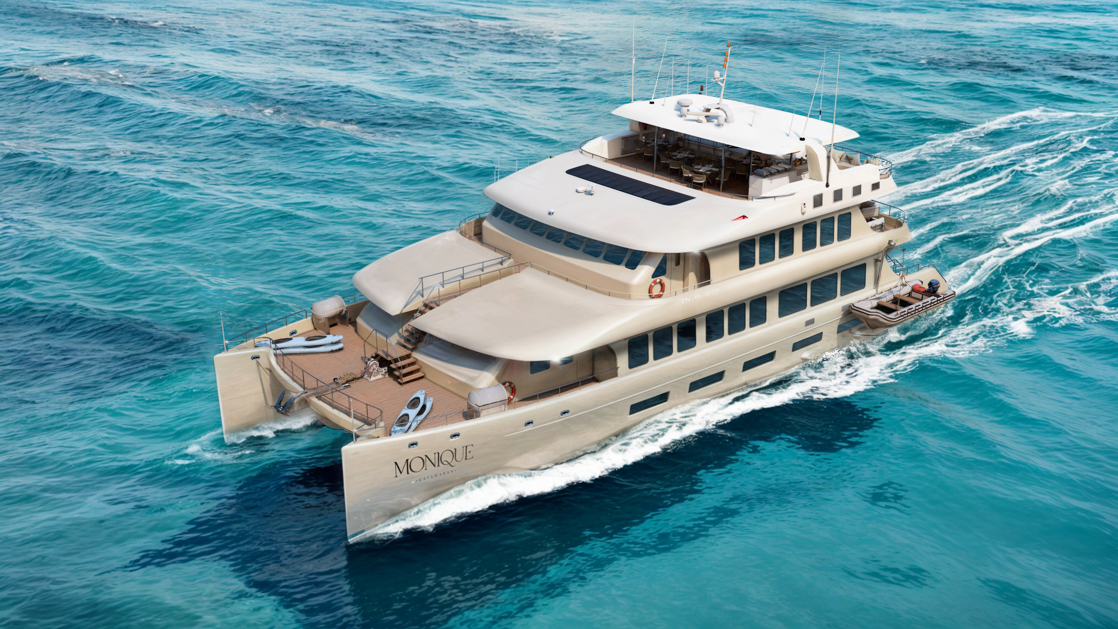 The Champagne colored Monique Galapagos catamaran seen from an aerial view showing the ship's solar panels and kayaks on the front
