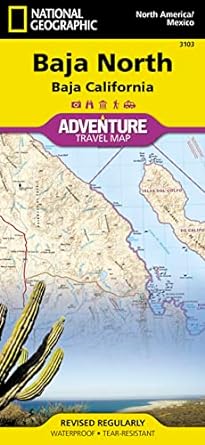 A thumbnail of the cover of National Geographic Adventure Map, Baja California North with a yellow title, an insert image of the map and a photograph of a large green cactus over a blue sea, white sand beach and desert landscape.