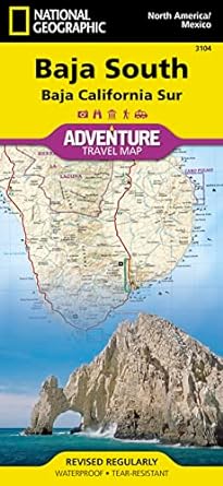 A thumbnail of the cover of National Geographic Adventure Map, Baja California Sur with a yellow title, an insert image of the map and a photograph of a white rock arch over a blue sea.