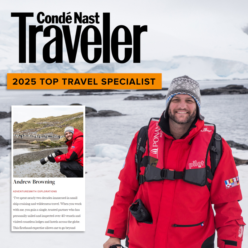 Adventure Specialist Andrew Browning is pictured as one of the top travel specialist for Conde Nast Traveler shown in icy landscapes of antarctica