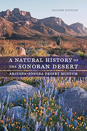 Book cover of a Natural History of the Sonoran Desert with purple and yellow flowers among rocks in the foreground with green cactus and brown desert landscape and mountains on the horizon.