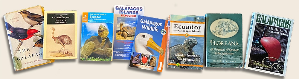 A collage of book covers of the top Galapagos books and recommended reading when preparing for an Galapagos cruise.