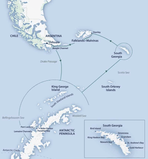 A Falklands South Georgia cruise map showing the tip of Argentina, the Falklands, South Georgia, King George Island and the Antarctic Peninsula.