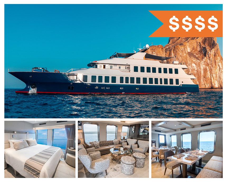 Photo collage of luxury Galapagos yacht exterior and interior cabin, lounge, dining areas.