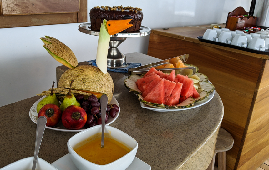 Snack buffet set up aboard Seaman Journey plates of whole and cut up fruit plus a bird made of melon parts.