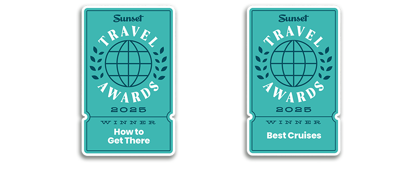 Two teal sunset travel award banners. Best Cruise and how to get there. 