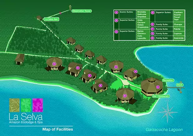 A map of La Selva Amazon EcoLodge, located down the Napo River in the Ecuadorian Amazon