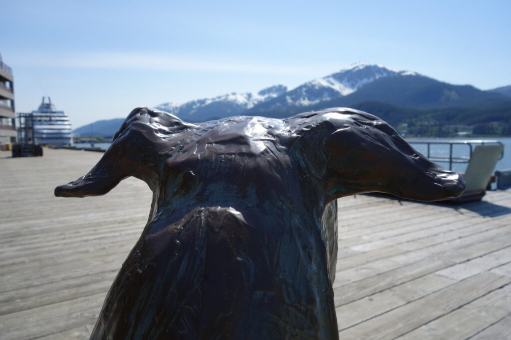 backside of Juneau waterfront Patsy Ann dog statue