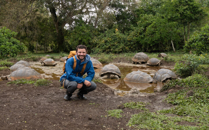 A man in a blue jacket and backpack squats on land in front of a small puddle full of Galapagos tortoises